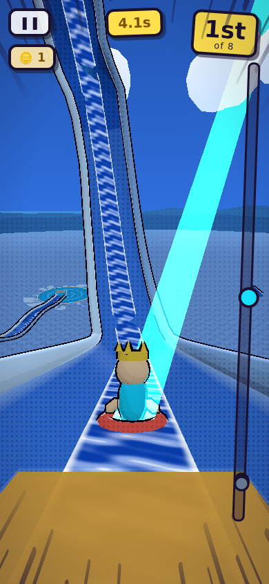 A rider hits a glowing cyan boost strip on a deep blue slide that twists up and over itself against a night sky.