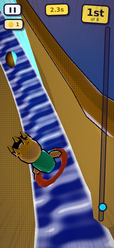 A rider on a red ring drops down a steep golden water slide flanked by dark banked walls.