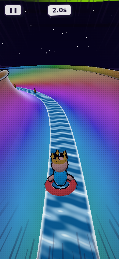 A rider slides along a glowing rainbow-coloured track that stretches away under a black, star-filled sky.