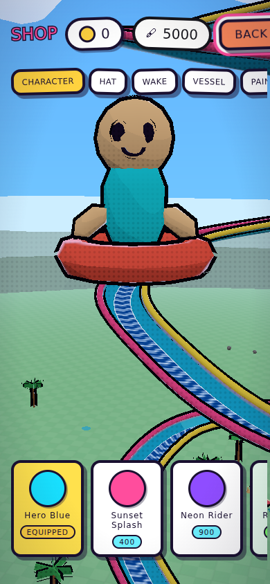 The in-game shop: a cartoon character sits on a rubber ring above rows of cosmetic cards for characters, hats, wakes, vessels and paint.