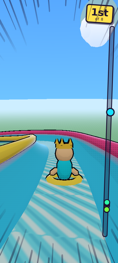 Gameplay: a rider on a rubber ring races down a blue water slide with speed lines streaking past, the heads-up display showing 1st of 8.