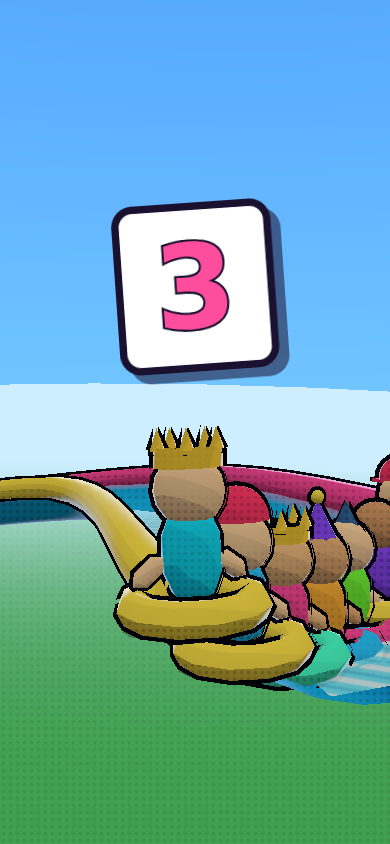 Eight cartoon racers packed onto rubber rings at the top of a water slide while a big comic-book countdown card reads 3.